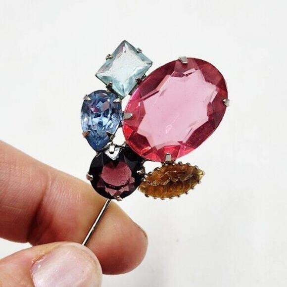 Vintage Rare Huge Glass Stones Open Back Pink Blue Purple Brooch Stick Pin Prong - Picture 1 of 6